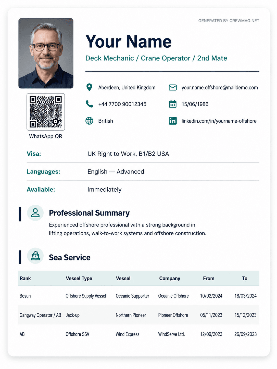 Example maritime CV generated by CrewMag for a deck mechanic and crane operator, showing profile photo, contact details, visa and language information, and sea service history